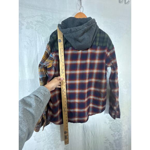 American Eagle Flannel Button Up Large Blue Green Patchwork Plaid Hood - Picture 9 of 9